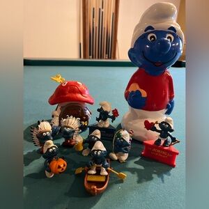 Vintage Smurfs Figurine Set with hand painted ceramic Papa Smurf